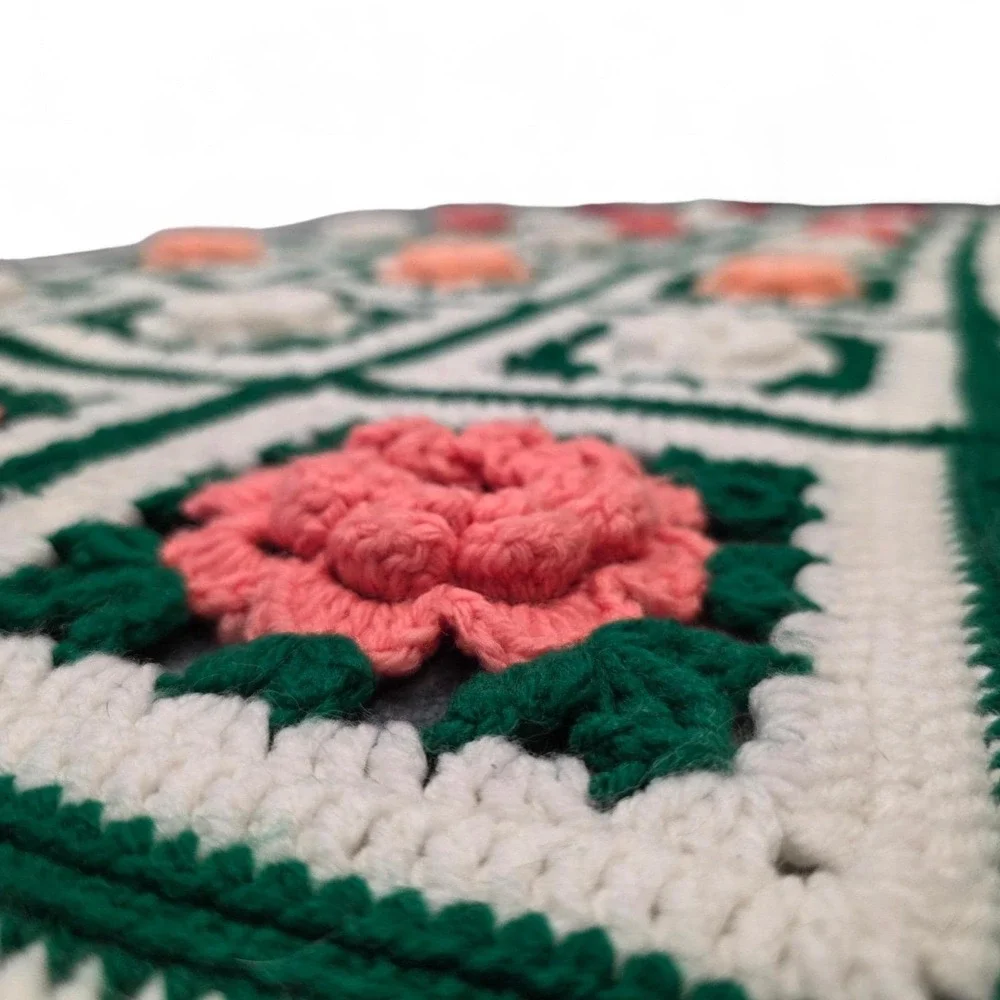 Handmade Crochet Knit Throw Granny Blanket 3D Afghan Roses Square Floral Cottage